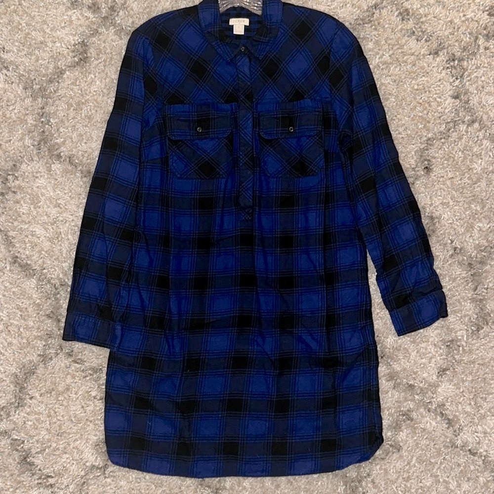 J.CREW FACTORY COLLARED BLUE PLAID FLANNEL DRESS WITH TWO POCKETS  |  SMALL